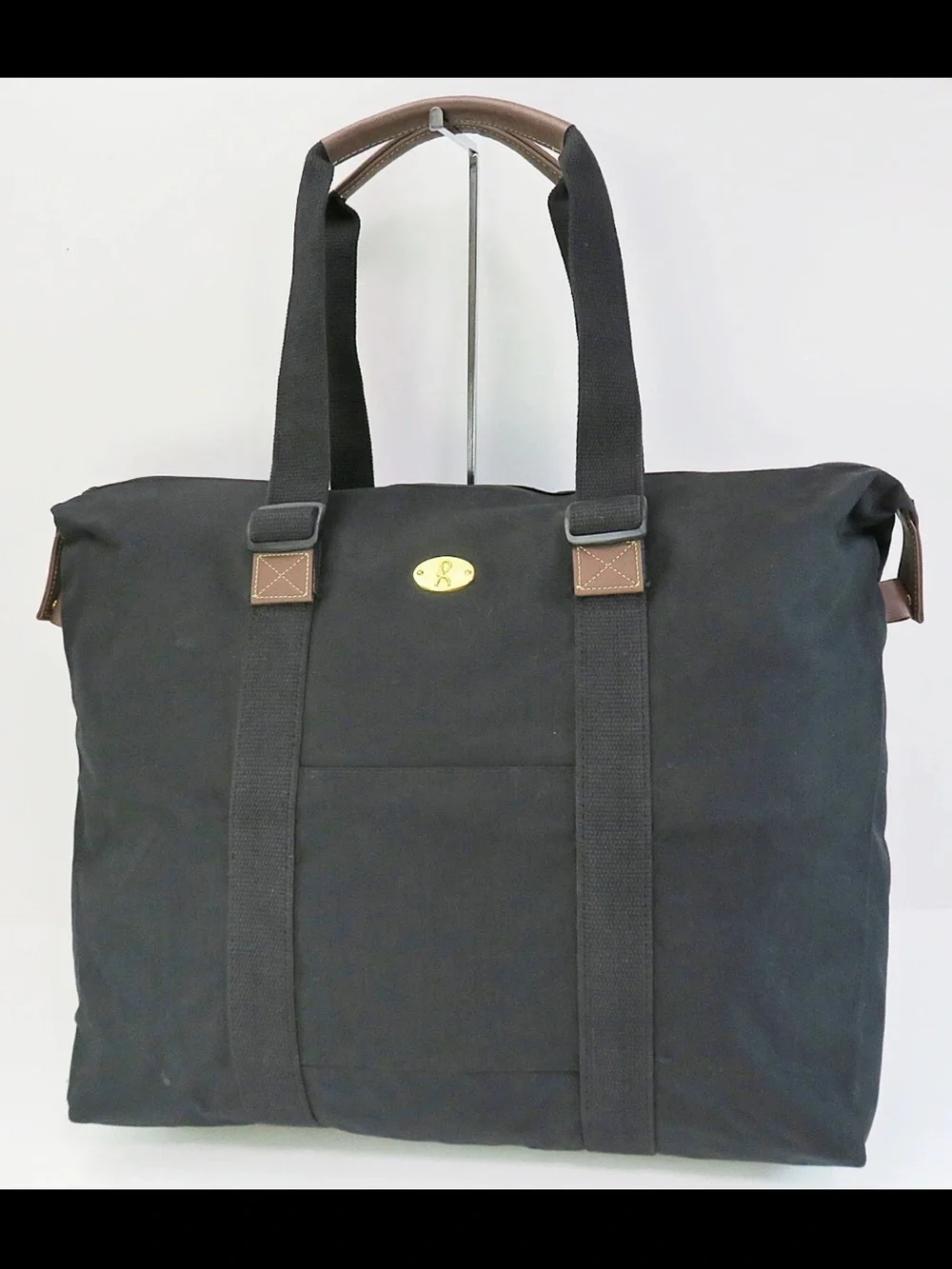 Roberta di Camerino Black Canvas Tote with Brown Trim and Gold Plaque